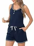 Wikoan Damen Schlafanzug Sommer Baumwolle Sexy Pyjama Kurz Ärmellos Nachtwäsche mit V-Ausschnitt Knöpfen Schlafanzüge Freizeitanzug Damen Marineblau XXL
