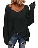 Saodimallsu Damen V-Ausschnitt Pullover Loose Fit Sweatshirt Strickpullover Langarmshirts Oversize Oberteile Schwarz L