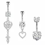 Crdifu 14G 10mm Bauchnabelpiercing Silber Hängend, 1,6mm Bauchnabel Piercing Herz Anhänger 316L Edelstahl, 3er Set Bauchpiercing Glitzer Stein Kristall Zirkonia, Bananabell Piercing Hypoallergen Damen
