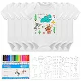 HENGBIRD Zum Bemalen Kurzarm Baby Body 8er Set Babyparty, Baby mit 8 Kurzarmbody (38 x 21 cm) 100% Bio Baumwolle Bunte Textilstift mit Schablonen für Babyparty Spiele Babyshower Strampler