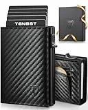 TENBST Geldbörse Herren | Slim Wallet mit Münzfach & RFID-Schutz | Portmonee Herren | Mini Kartenetui Kartenhalter | Brieftasche Geldbeutel und Geschenkbox | Carbon-Schwarz