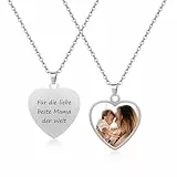 JSDDE Personalisiert Kette mit Fotogravur und Textgravur Kette mit Bild Wunschgravur Herz Anhänger Halskette Schmuck für Damen Herren