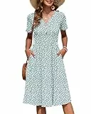 AUSELILY Damen Kurzarm Sommerkeider Knielange Sommer Kleider V-Ausschnitt mit Knöpfen Empire Midikleid mit Taschen Grüner Fleck L