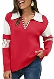ANCAPELION Damen Strick Pullover Casual Stricken Sweater Lange Ärmel Pulli Patchwork Sweatshirt Elegante Jumper Reverspullover Lockere Tops Herbst und Winter Outwear für Frauen Rot L