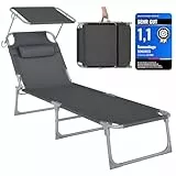 SONGMICS Sonnenliege, klappbarer Liegestuhl, 193 x 53 x 29 cm, trägt bis zu 150 kg, Sonnenschutz, Kopfkissen, verstellbare Rückenlehne, für Garten, Pool, Terrasse, dunkelgrau GCB19UV1