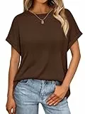 Cuptacc Tshirt Damen Sommer Kurzarm Rundhals T-Shirt Basic Oversize Top Damen Einfarbig Oberteil Lässig XL 46-48 Dunkelbraun