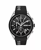 BOSS Herren 44 mm Chronograph Quarz Uhr Velocity Kollektion mit Schwarzem Texturiertem Zifferblatt, Schwarzem Silikonarmband, Datumsfunktion, 3 Sub-Dials, 5ATM Wasserresistenz - 1513716