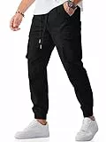 JMIERR Herren Cargo Jogginghosen Schwarz Konus Casual Stretchhosen Elastische Taille Drawstring Cargohosen 3XL