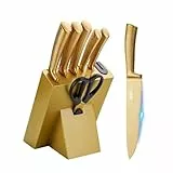Justup Messer Set, 7-teiliges Messerblock-Set mit Rutschschutzgriff, Scharfes Messer aus Edelstahl für die Küche, Professionelles Kochmesser für Zuhause, Schneiden, Mahlen, Würfeln (Gold)