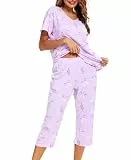 MIA LUCCE Schlafanzug Damen Zweiteiliger Pyjama Sommer Nachtwäsche Kurz Baumwolle Hausanzug Capri Sleepwear Oberteil und 3/4 Hose S-XXL