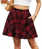 DJT Damen Minirock Mädchen Hohe Taille Faltenrock Basic Casual A Linie Mini Skater Rock mit Taschen Rot Kariert XX-Large