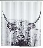 WENKO Duschvorhang Mod. Yak, hygienischer Textil-Vorhang, waschbar, wasserabweisend & pflegeleicht, mit 12 Ringen zur Befestigung an der Duschstange, 180 x 200 cm, Weiß/Schwarz
