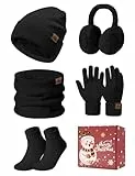 UMIPUBO Mütze Schal Handschuhe Damen Winter Set Wintermütze Fleece Gefütterte Beanie Loop Schlauchschal Wärmer Touchscreen Plüsch Ohrenwärmer Verdickte Ohrenschützer Socken-5 Stück Set，Schwarz