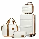 KONO Reisekoffer Set Gepäcksets 4 Teilig Kofferset, 55cm Handgepäck mit Beautycase Kosmetikkoffe mit handgepäck Reisetasche mit Kulturbeutel (Creme Weiß)