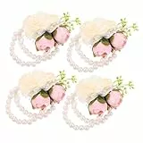 LIGIGWASH 4 Stück Hochzeit Handgelenk Corsage Künstliche Rosen Perlen Handblumen Braut Brautjungfer Armband Festliche Accessoires für Party Prom