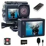 Apexcam X80Pro mit 128G Karte Action Cam 4K60FPS 48MP mit Doppelbildschirme EIS Stabilisierung WiFi Sportkamera Unterwasserkamera 40m Wasserdicht 8X Zoom Fernbedienung 2x1350mAh Akkus mit Zubehör-Set