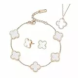 TOFBS Vierblättriges Kleeblatt Schmuckset für Damen und Mädchen 18K Roségold Plattiert Edelstahl Zweiseitig Weiß Schwarz Anhänger Halskette Ohrstecker Armband Emaille Schmuck Set (Weiß)