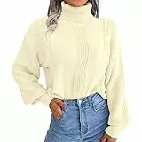Imily Bela Pullover Damen Winter Warm Langarm Rollkragenpullover Grobstrick Weich Cable Knit Herbst Strickpullover(Weiß,L)