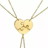 JewelryWe Schmuck Personalisierte Halskette mit Gravur, 3PCS Herz Puzzleteile Anhänger Edelstahl Familien Freunde Kette Geschenk Gold
