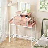 OYRREU Schminktisch mit LED Beleuchtung und Spiegel, Kleiner Kosmetiktisch mit 2 Stoffschubladen, Einstellbare Helligkeit und Farbtemperatur, Makeup Vanity Table Dressing Table (70x31.5 cm, Rosa)
