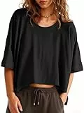Cicy Bell Damen Oversize T-Shirts Kurz Crop Tops Sommer Rundhals Kurzärmeliges Sport Oberteil Sommerblusen Kurzarm Gym Top Basic Tee Bauchfrei Shirts Schwarz S