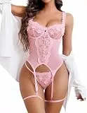 Avidlove Body Damen Sexy Dessous Set Spitze Unterwäsche Sets Mesh Babydoll Reizwäsche Curvy Teddy Bodysuit Corsage Lingerie Bügel-BH und Höschen Set Rosa M