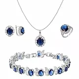 Emibele Schmuck Set,4pcs kubischer Zirkonia Kristall Ohrstecker Gliederkette Anhänger Halskette Armband Ring, Statement-Schmuck Geschenke für Frauen Hochzeit Jahrestag Geburtstag Party, Blau