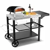 Beweglicher Outdoor-Grilltisch mit DREI Regalen, für Ninja-Holzfeuer, Ooni-Pizzaofen, Blackstone-Grillplatte, Arbeitstisch für Lebensmittelzubereitung, Arbeitstisch mit Schublade und räder