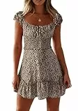 Cicy Bell Damen Sexy Blumendruck Mini Kleid Smocked Rüsche Boho Kleider Tie Front Sommerkleid Khaki M