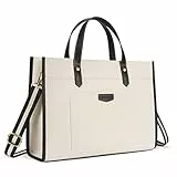 Missnine Laptoptasche 15,6 Zoll Handtasche Damen Business Arbeitstasche Shopper Groß Canvas Tasche Lehrertasche, Aktentasche für Büro Uni, Schwarz & Beige