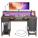 BEXEVUE Gaming Schreibtisch mit Steckdosen LED - 120x50 cm Moderner Computertisch mit Tastaturablage, 4 Umkehrbare Schubladen, Großes Lagerregal zum Lernen Spielen Arbeiten Schlafzimmer Heimbüro