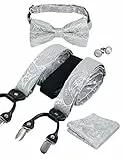 Alizeal Herren Paisley Muster Fliege und Hosenträger, Einstecktuch, Manschettenknöpfe Set-Silber