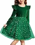 Arshiner Mädchen Kleid Kleinkind Festliches Samtkleid Rundhals Tüllkleid Kinder Rüschen Langarmkleid Grünes Weihnachtskleid Prinzessin Partykleid Abendkleid mit Pailletten 5-6 Jahre