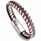 Halukakah ● Jazz ● Herren-Armband Handgefertigt | Echtleder in Sport Rot & Weiß | Magnetverschluss aus Edelstahl in Silber | KOSTENLOS Geschenkbox | Tolle Geschenkidee | 21.5cm