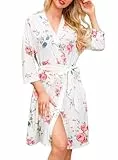 Lovasy Morgenmantel Damen Leicht Sauna Bademantel 3/4 Ärmel V-Ausschnitt Reisebademante mit Gürtel Weiches Loungewear mit Taschen,Weiße Blume,XL