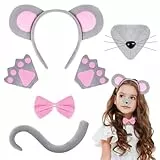 AOOWU Maus Kostüm für Kinder, 6 teiliges Kinder Kostüm Maus Zubehör Set mit Stirnband, Nase, Schwanz, Fliege, Handschuhe,Tier Kostüm Halloween Kostüme Cosplay Set für Fasching, Cosplay, Halloween