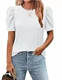 Zeagoo Tshirt Damen Kurzarm Shirt Rundhals Casual Tops Basic Bluse Puffärmel Oberteil Sommer Weiß XL