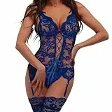 AUYAO Dessous-Sets für Damen, Spitze Body Bodysuit Teddy Mesh Unterwäsche, Teddy Babydolls Dessous mit Oberschenkel Strumpfband Ohne Strümpfe, Verstellbar V-Ausschnitt Reizwäsche Strapsen Set(Blau-L)