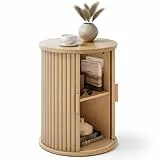 YITAHOME Runder Tisch mit Schiebetürenschrank, Beistelltisch mit 2-stöckigem Aufbewahrungsregal für Schlafzimmer, Esszimmer, Wohnzimmer, Home Office, oder Wohnung, kleiner Couchtisch/Nachttisch, helle