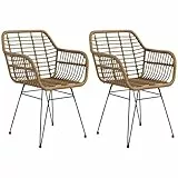 HOMCOM Esszimmerstühle 2er Set Küchenstuhl mit Rückenlehne, Kunstrattan-Optik, Sessel mit Fußpolster, Wohnzimmerstuhl, Stühle mit Stahlbeine für Esstisch, Hellbraun+Schwarz