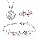 Josfeva Schmuck Set Damen Silber 925, Herz Halskette & Klee Armband & Klee Ohrstecker Set mit 5A Rosa Zirkonia, Liebe Halskette Damen Ohrringe Ohrstecker Silber Armkette mit Geschenkbox