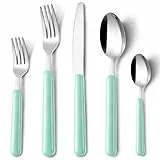 BEWOS Besteck Set für 12 Personen, 60 teilig besteckset Lichtgrün inkl. Messer, Gabel, Löffel, Farbige Griffe camping besteck, Spülmaschinenfest