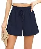 Yommay Damen Shorts Elegant Lässige Sommer Kurze Hosen Elasischer High Waist Kordelzug Kurzhose mit Taschen,Marineblau,S