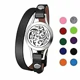 Flongo Aromatherapie Lederarmband Damen-Armband Armreif Aroma Locket Diffuser Duftstofflocket mit Farbigen Filz-Pads ätherisches Öl Diffusor für Frauen Schwarz