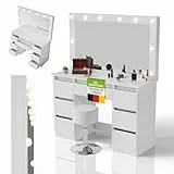Juskys Schminktisch Lilia mit LED-Spiegel & Hocker Tonia, individuelle Lichteinstellung, 7 Schubladen, viel Stauraum, modernes Design, kompakt & pflegeleicht — Weiß