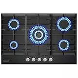 GASLAND GH2805BG1FC Glas Gaskochfeld 5-flammig, Einbaukochfeld mit Wok-Brenner, 76 cm Schwarz Einbau Gaskochfeld, für Butan, LPG/Erdgas, 10400 Watt