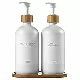 MaisoNovo Glas-Seifenspender für das Badezimmer | Handseifen- und Spülmittelspender-Set | 500 ml weiße Flaschen mit weißer Bambuspumpe | Badezimmer-Lotionspender mit Pumpe, 2er-Set