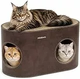 PetRhein Kratzbrett für Katzen aus Kratzpappe,3-in-1 großes Katzenhöhle mit Kratzmatte & Katzenbett – 64 x 35 x 36 cm– Stabiles Kratzpappe, Minimalistisches Kratzmöbel für Katzen(Leder)