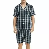 Vulcanodon Schlafanzug Herren kurz 100% Baumwolle Sommer Shorty Pyjama kariert mit Knopfleiste weiche Nachtwäsche (Dunkelblau, L)