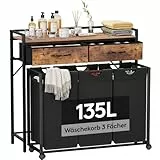 Lifewit 135L Wäschekorb 3 Fächer, Grobe Rolling Wäschesammler mit Regal & 2 Schubladen,WäSchekorb Veranstalter Mit RäDern und Abnehmbare Tasche für WaschküChe Bad,Braun-Rustikal & Schwarz